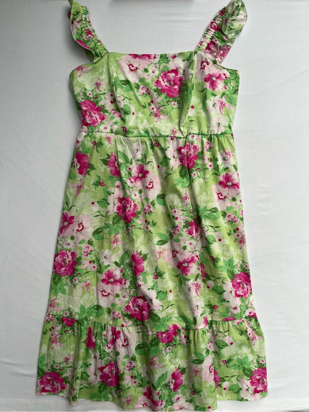 TORRID Mini Poplin Tiered Ruffle Strap Midi Dress Floral Green Pink Size 1 (1X)